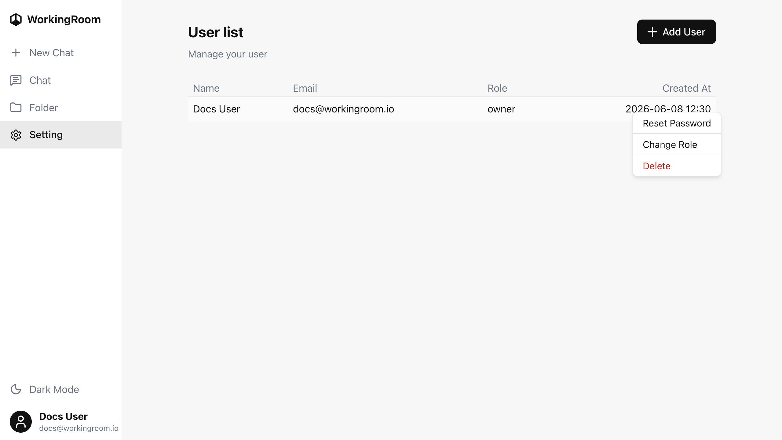 WorkingRoom reset password dialog