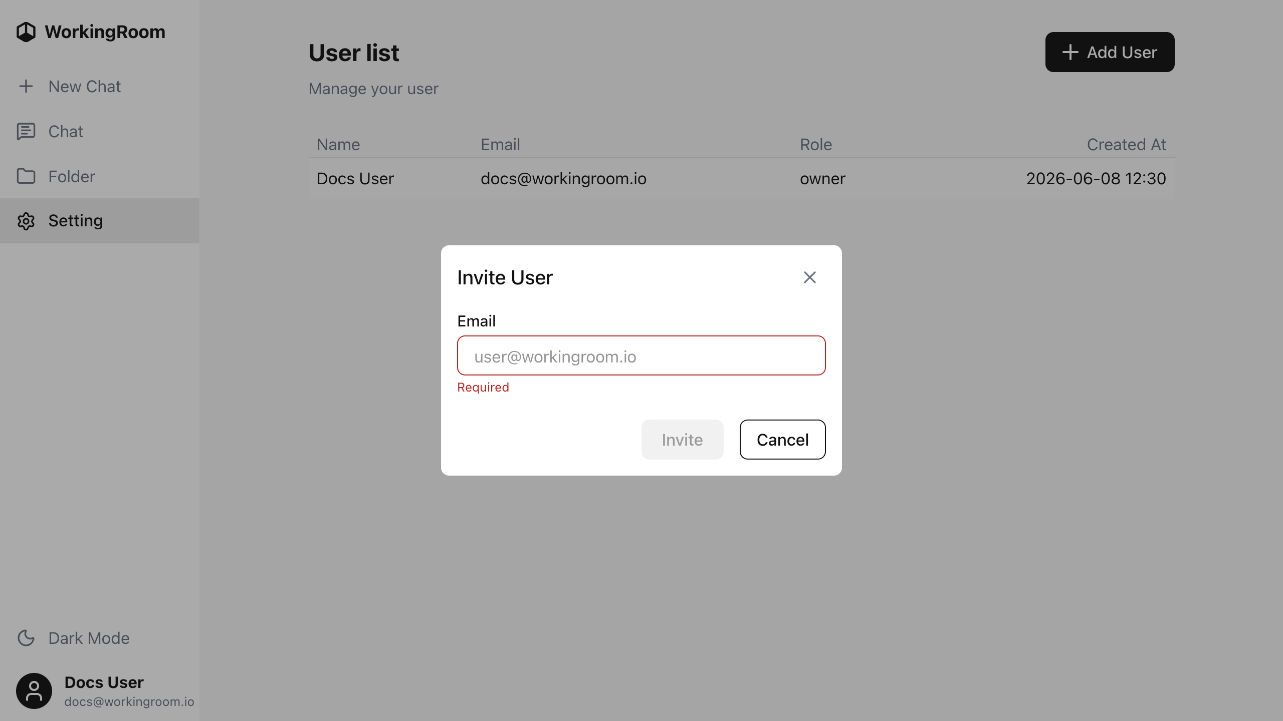 WorkingRoom user invite modal
